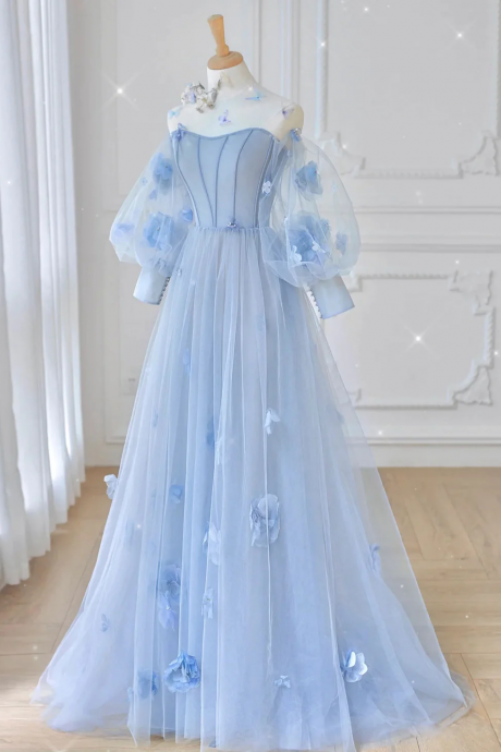 Blue Tulle Lace Long Prom Dress, Blue Tulle Lace Long Evening Dress