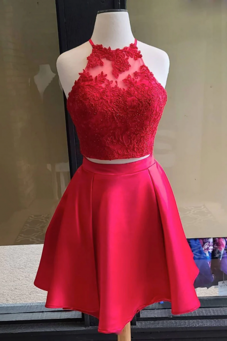 Simple Red Two Pieces Short Lace Prom Dress, Red Homecoming Dress