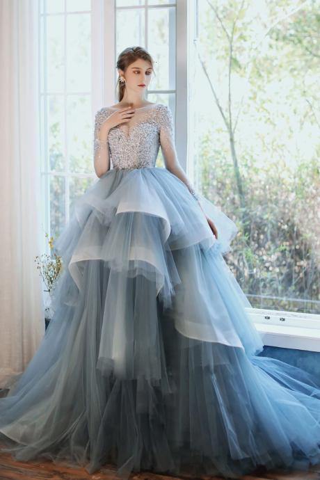 Blue Round Neck Tulle Sequin Long Prom Gown Blue Formal Dress
