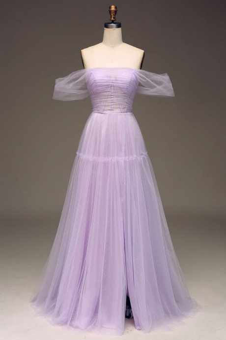 Off Shoulder Tulle Long Prom Dress Purple Evening Dress