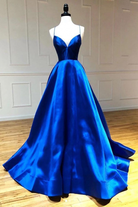 Spaghetti Strap Party Dress,royal Blue Prom Dress,sexy Backless Satin Dress