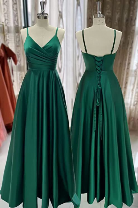 Spaghetti Strap Party Dress,green Prom Dress,sexy Backless Satin Evening Dress