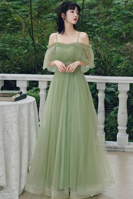 Spaghetti Strap Prom Dress,green Tulle Evening Dress,fairy Party Dress