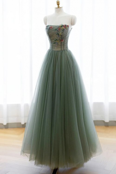 Green Prom Dress,strapless Evening Dress,fairy Evening Dress With Appique