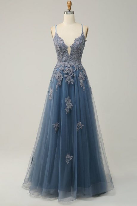 Blue Prom Dress,spaghetti Strap Evening Dress,elegant Lace Party Dress