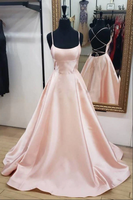 Blush Pink Simple Satin A Line Spaghetti Straps Cross Back Prom Dress