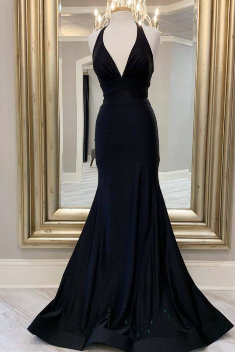 Full Length Halter Black Mermaid Long Formal Dress Evening Dress