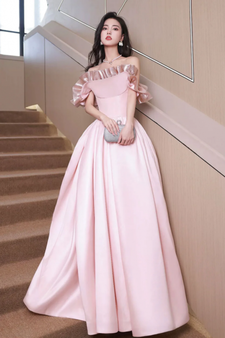 Blush Pink Sweet Satin A Line Off Shoulder Prom Dress Princess Evening Dress