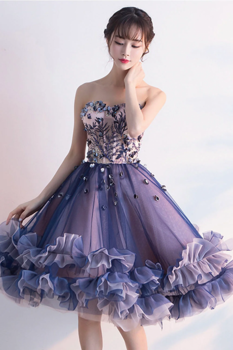 Purple Tulle Lace Short Prom Dress Cute Homecoming Dress With Applique