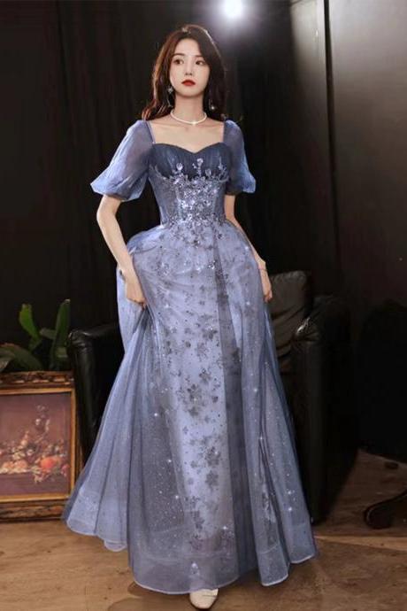 Shinny Tulle Sequins Long Prom Dress, A-line Short Sleeve Evening Party Dress