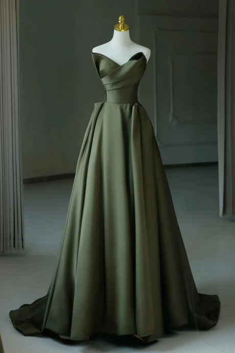 Noble Strapless Dress Elegant A-line V Neck Satin Dark Green Long Prom Dresses