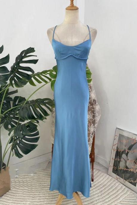 Spaghetti Long Mermaid Prom Dresses,blue Satin Prom Dresses