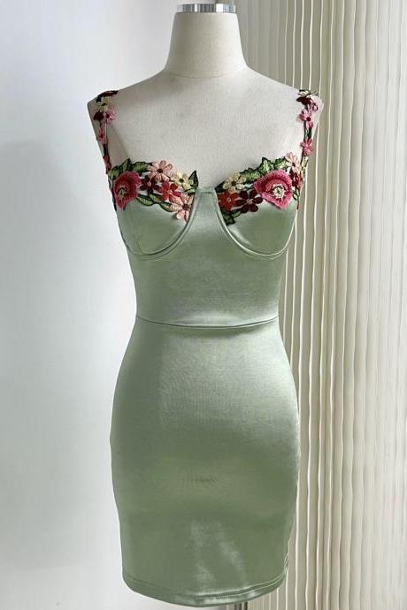 Spaghetti Mermaid Short Dresses,light Green Satin Party Dresses Chic Bodycon Dress With Floral Applique