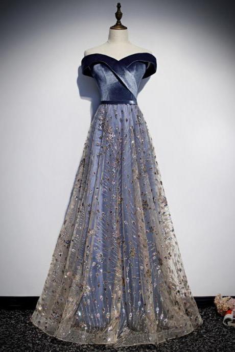 A Line Off Shoulder Blue Prom Dress Formal Glitter Evening Dress