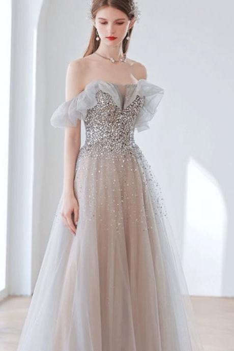 Gray A Line Off Shoulde Prom Dress Fairy Beaded Evening Dress
