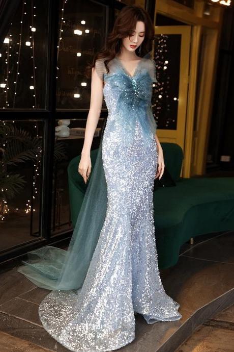 V-neck Blue Prom Dress Sexy Glitter Evening Dress,mermaid Party Dress