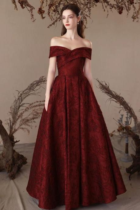 Off Shoulder Prom Dress Burgundy Party Dress Luxurious Jacquard Evening Dress