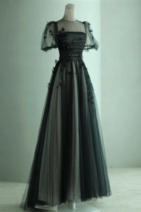 O-neck Prom Dress Black Party Dress Fairy Evening Dress Cute Puff Sleeves Birthday Dress