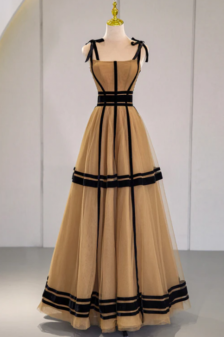 Cute Tulle Long A-line Prom Dress, Unique Spaghetti Strap Evening Dress