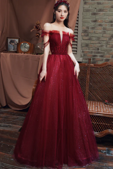Chic Burgundy Tulle Long A-line Prom With Beaded, Off The Shoulder Luxury Party Dress