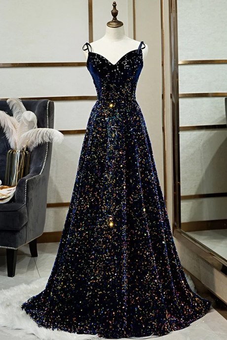 Sequin Navy Blue Mermamaid Dresses A Line Spaghetti Straps Lace Up Back Sparkly Long Prom Dresses
