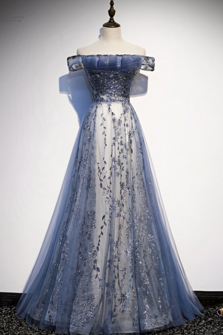 Shiny Prom Dresses,stunning Blue Tulle Off Shoulder A Line Long Prom Dress