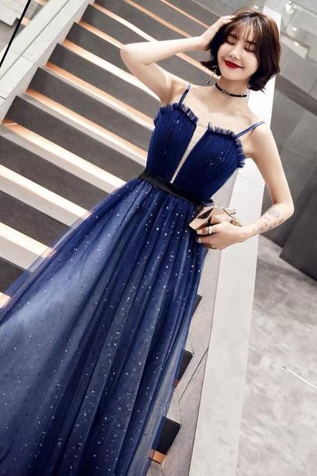 Navy Blue Tulle Long A-line Prom With Sequin, Sexy Spaghetti Strap Party Dress
