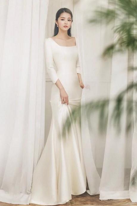 Long Sleeve Mermaid Wedding Dress Elegant White Bridal Dress Satin Evening Dress