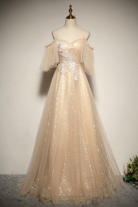 Noble Legant Long Prom Dress, Spaghetti Strap Fairy Dress ,champagne Party Dress With Applique