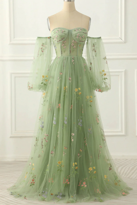 Light Green Tulle Floral Sleeves Long Party Dress, A-line Light Green Prom Dress