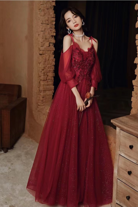 Chic Burgundy Tulle Long A-line Prom With Lace, Off The Shoulder Pretty Party Dress