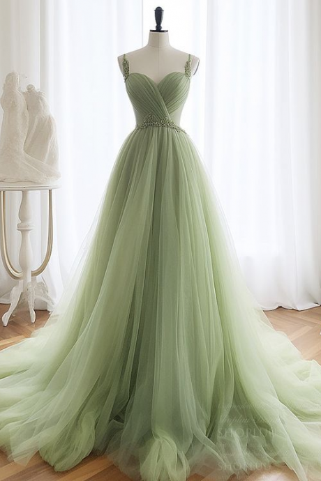 Spaghetti Strap Fairy Dress Light Green Party Dresselegant Prom Dress With Bead