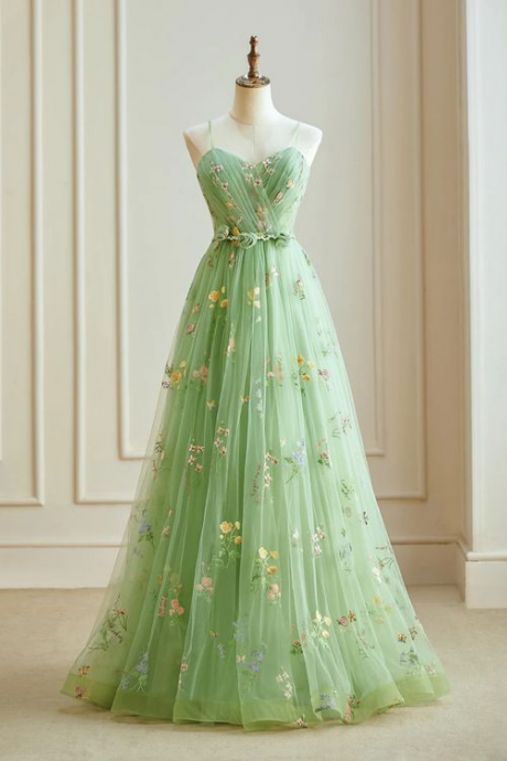 Light Green Tulle Floral Sleeves Long Party Dress, A-line Straps Prom Dress