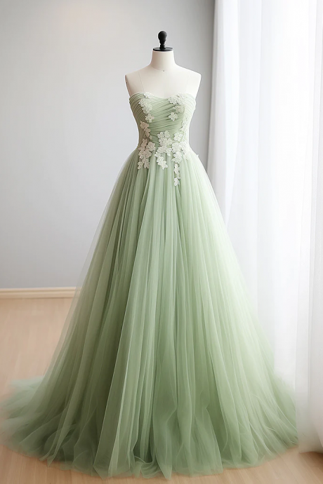 A-line Sweetheart Neck Tulle Lace Applique Green Long Prom Dress, Green Formal Dress