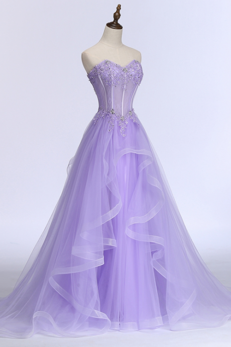 Sweet Banquet Lilac Lace Tulle Prom Dress, Long Purple Evening Dress