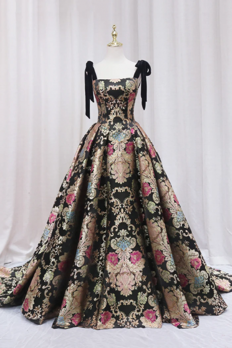 Luxurious Jacquard Prom Dress, Unique Spaghetti Strap Vintage Dress