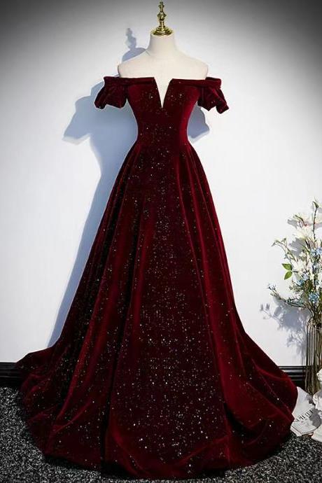 Elegant Burgundy Evening Dress Off Shoulder Gitter Prom Dress Velvet Dress