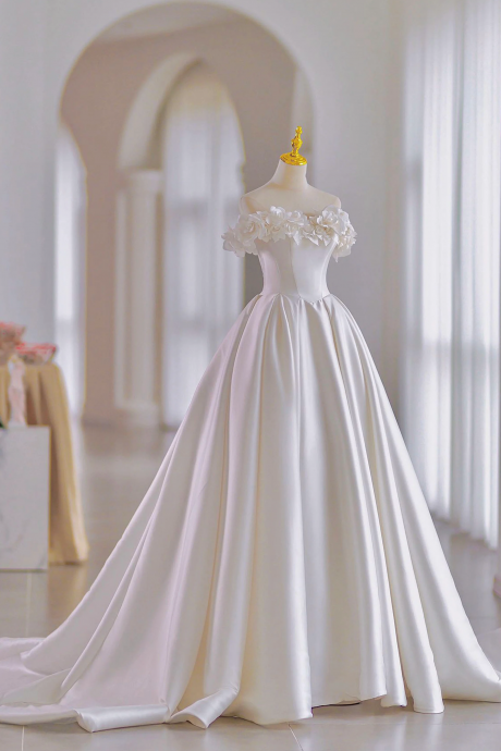 Off Shoulder Satin Bridal Dress Luxury Wedding Dress Tailing Dress With Bow
