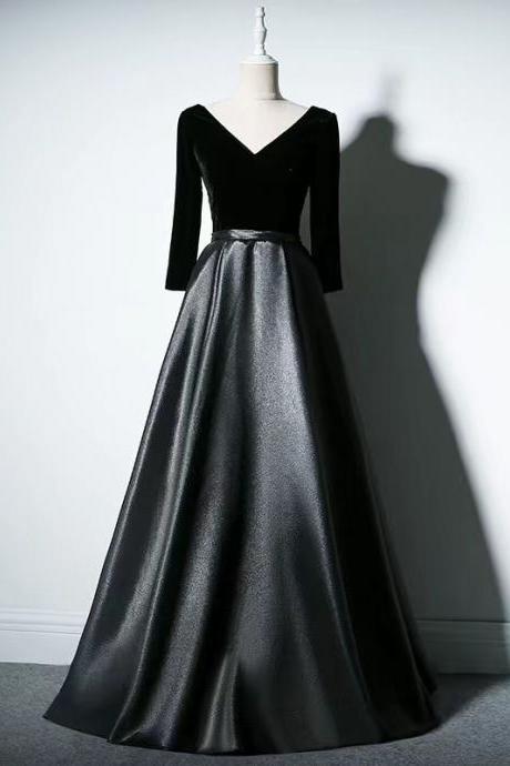 Long Sleeve Velvet And Satin Evening Dress V-neck Black Dress Formal Wedding Guest Dress