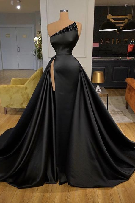 Strapless Wedding Guest Dress Black Dress Sexy Satin Evening Dress With Split