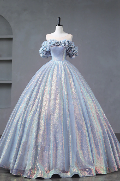 Off Shoulder Light Blue Shiny Party Dress Sweet 16 Dress Luxury Quinceanera Dress