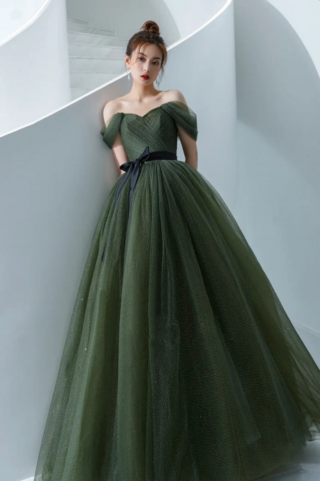 Off Shoulder Formal Dress Dark Green Fairy Prom Dress