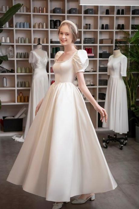 Squaren Neck Wedding Dress White Satin Party Dress Cute Evening Dress With Pearl