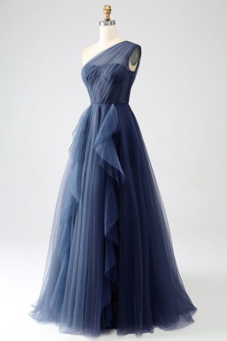 One Shoulder Prom Dress Chic Blue Bridesmaid Dress Elegant Party Dress