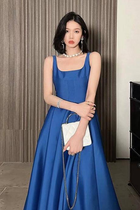 Spaghetti Strap Party Dress Blue Satin Stylish Floor Length Evening Dress