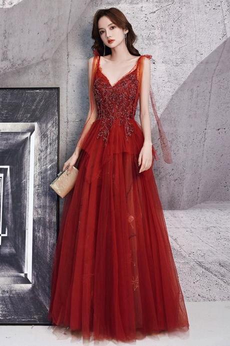 Spaghetti Strap Party Dress Luxury Red Evening Dress With Bead