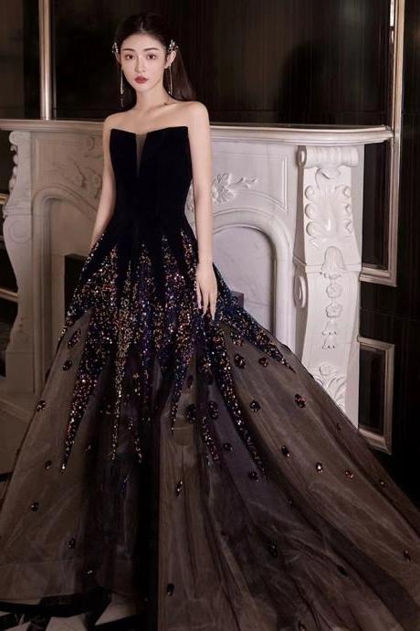 Gilded Evening Gown, Luxury Prom Dress, Black Shiny Graduation Dress Strapless Prom Dress
