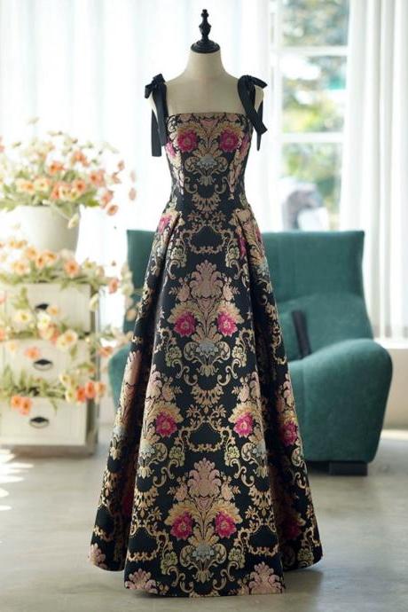 Spaghetti Strap Prom Dress ,floral Jacquard Evening Dress Vintage Party Dress Black Dress