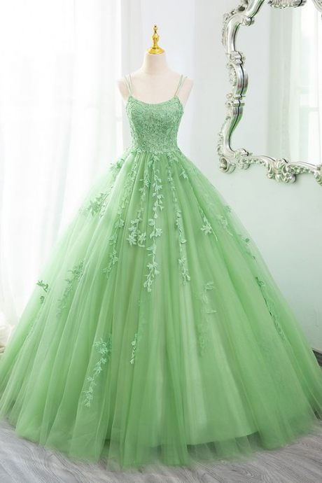 Spaghetti Strap Prom Dress ,fresh Lace Evening Dress Sweet 16 Light Green Ball Gown Dress