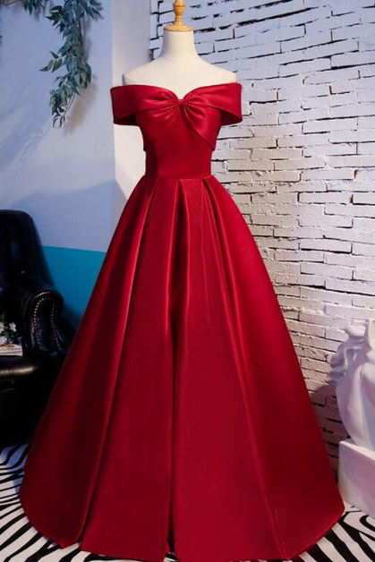 Burgundy Prom Dress Off Shoulder Elegant Satin Evening Dress